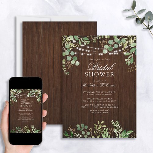 Rustic Wood Botanicals String Lights Bridal Shower Invitation