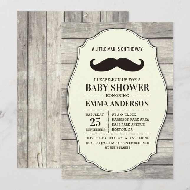 Rustic Wood Boy Baby Shower Invitation - Mustache (Front/Back)