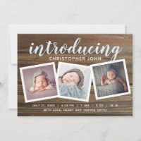 Rustic Wood Boys Birth Announcement Snapshot Photo