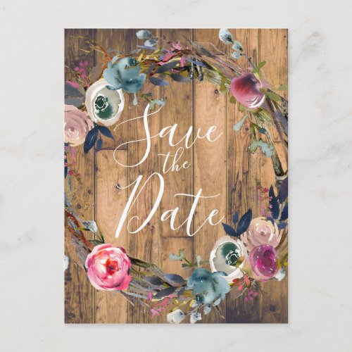 Rustic Wood Branches Floral Wreath Save the Date Announcement Postcard
