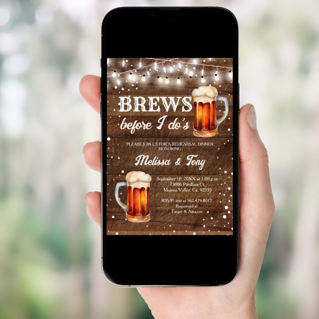 Rustic Wood Brews before I do's Rehearsal Dinner Invitation (Front Digital)