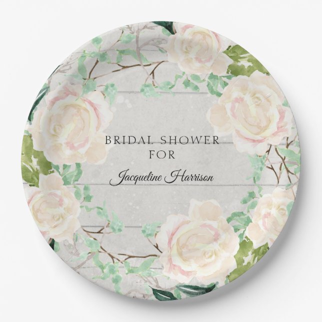 Rustic Wood Bridal Shower Floral Ivory Peach Rose Paper Plates (Front)