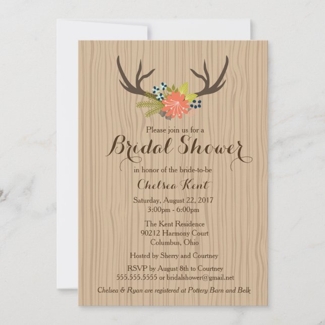 Rustic Wood Bridal Shower Invite floral antlers (Front)