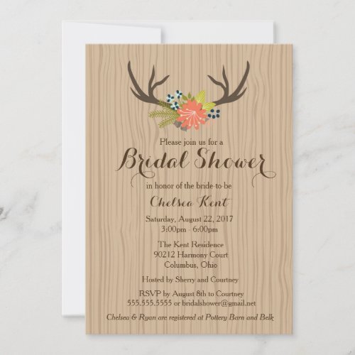 Rustic Wood Bridal Shower Invite floral antlers