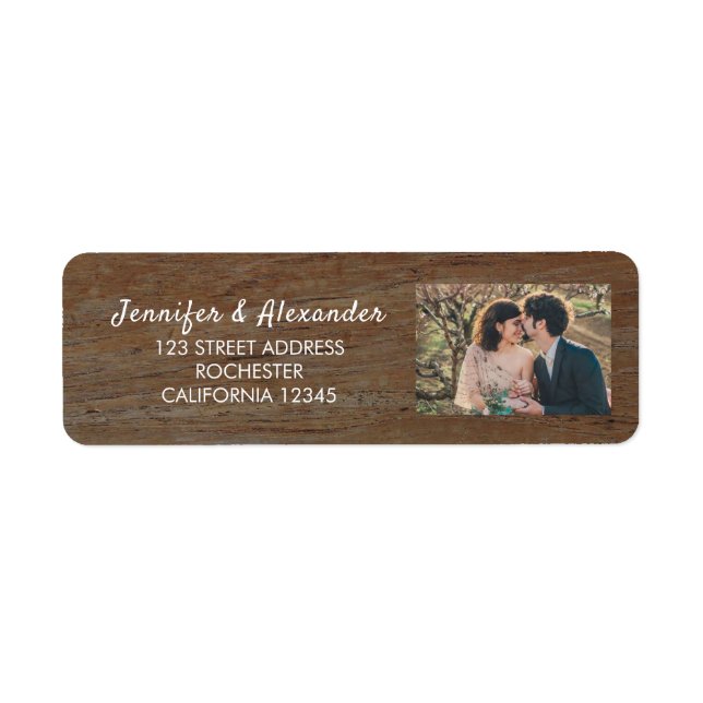Rustic wood bride and groom photo country wedding label (Front)