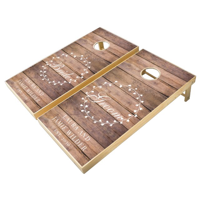 Rustic Wood Bride Groom Wedding Cornhole Set (Angled)