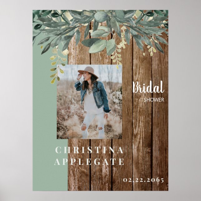 Rustic Wood Bride Photo Sage Bridal Shower  Poster (Front)