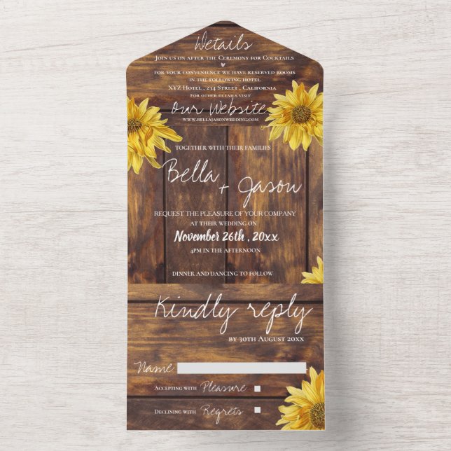 Rustic Wood Bright Sunflower Monogram Wedding All In One Invitation (Inside)