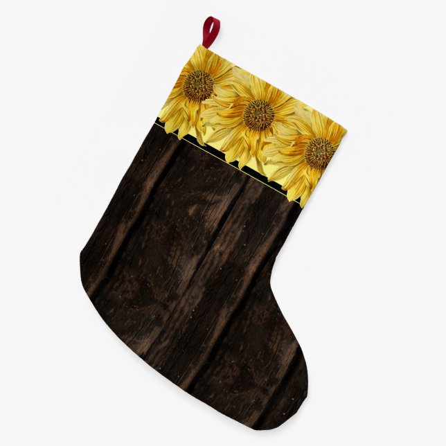 Rustic Wood Bright Yellow Sunflower Large Christmas Stocking (Front (Hanging))