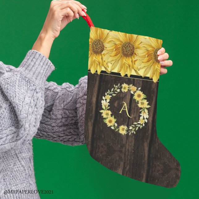 Rustic Wood Bright Yellow Sunflower Monogram Large Christmas Stocking (Creator Uploaded)
