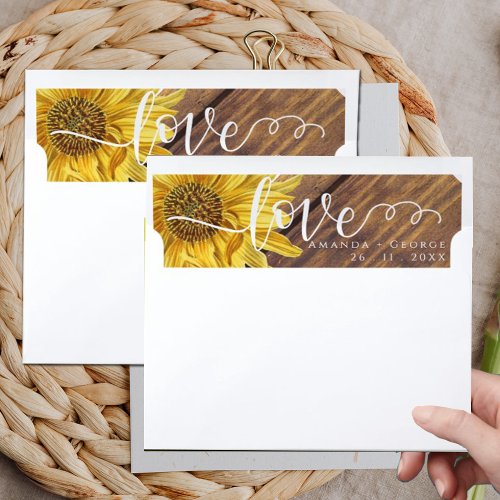 Rustic Wood Bright Yellow Sunflower Wedding  Envelope Liner
