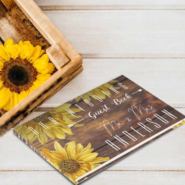 Rustic Wood Bright Yellow Sunflower Wedding Guest Book (Creator Uploaded)