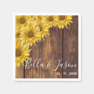 Rustic Wood Bright Yellow Sunflower Wedding Party Napkins