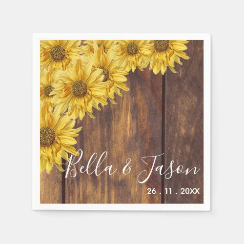 Rustic Wood Bright Yellow Sunflower Wedding Party  Napkins
