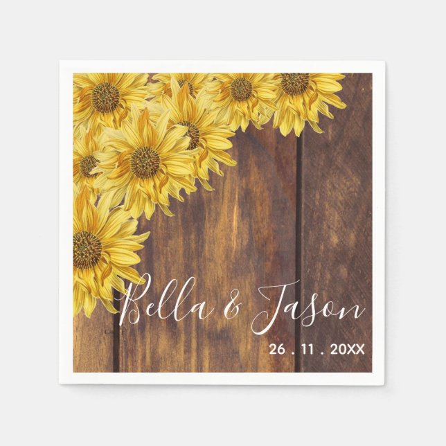 Rustic Wood Bright Yellow Sunflower Wedding Party  Napkins (Front)