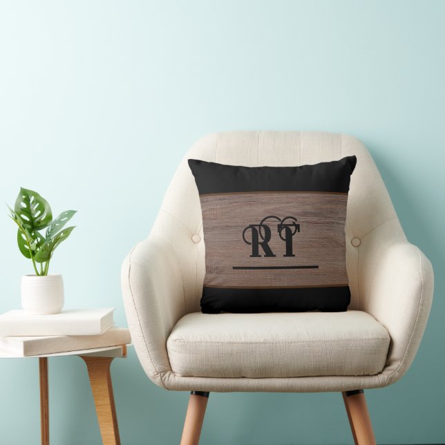 Rustic Wood Brown and Black Monogram  Throw Pillow (Chair)
