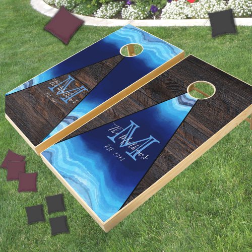 Rustic Wood Brown Blue Marble Geode Family Name Cornhole Set