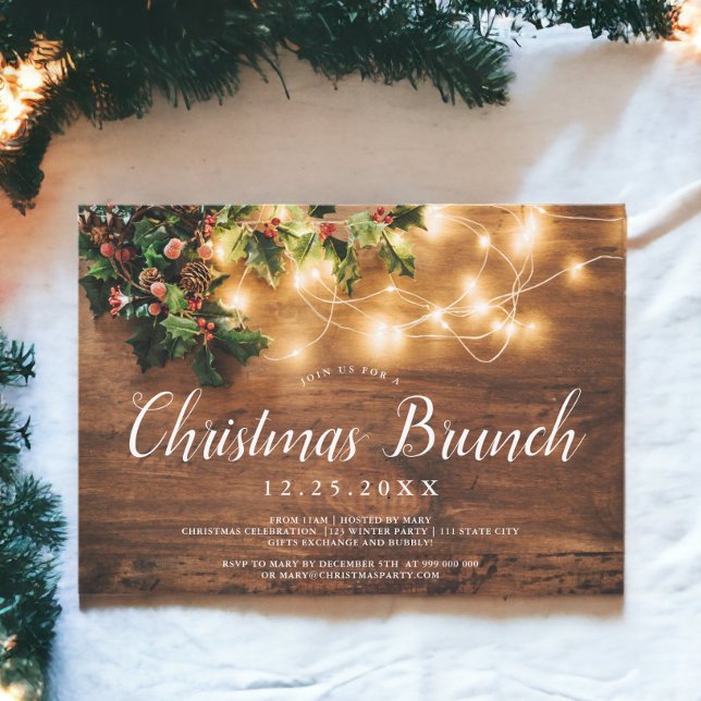Rustic wood brown country lights Christmas brunch Invitation (Rustic wood brown country lights Christmas brunch Invitation)