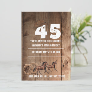 Rustic wood brown cowboy themed 45th birthday invitation