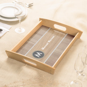 Rustic Wood Brown Serving Tray with Name Initial