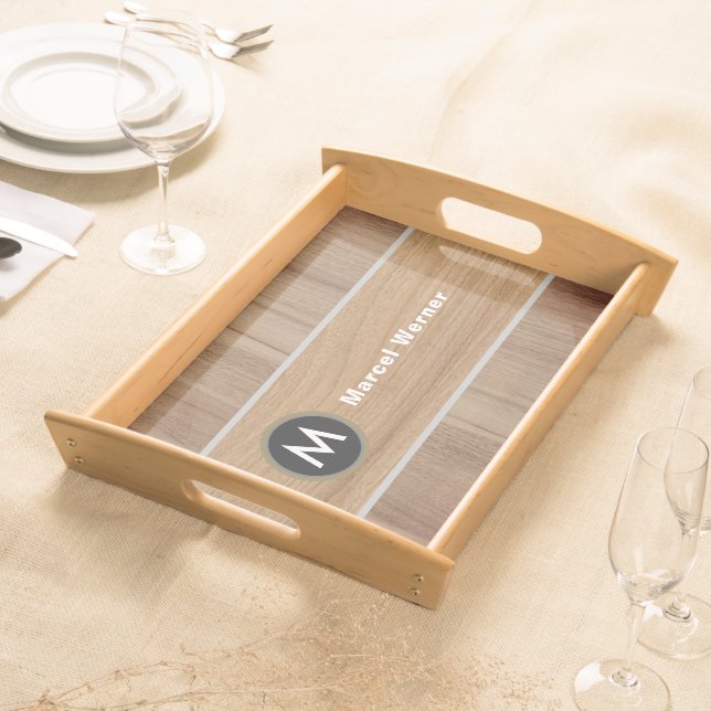 Rustic Wood Brown Serving Tray with Name Initial (Front)