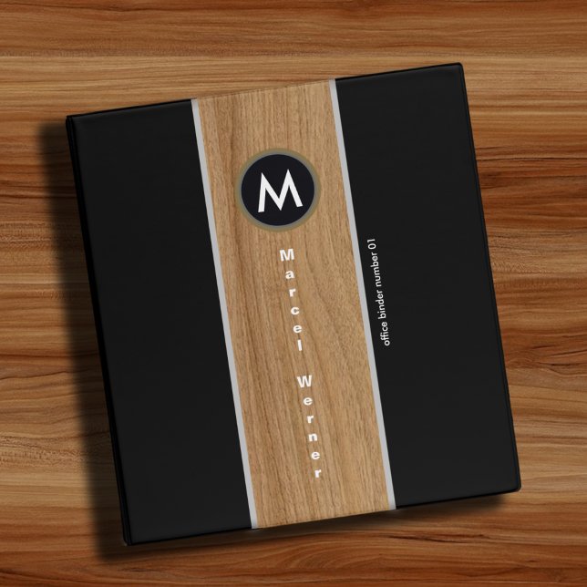 Rustic Wood Brown Stripe on Black Monogram 3 Ring Binder (Creator Uploaded)