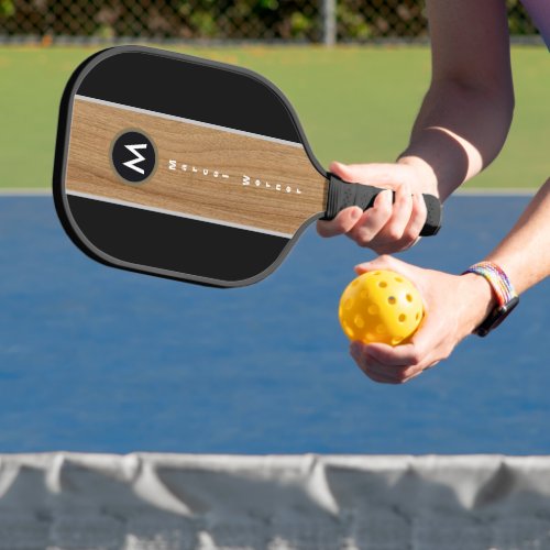 Rustic Wood Brown Stripe on Black Monogram Pickleball Paddle