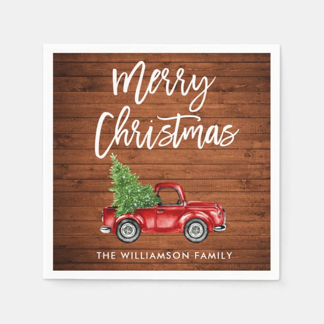 Rustic Wood Brush Script Christmas Vintage Truck Napkins (Front)