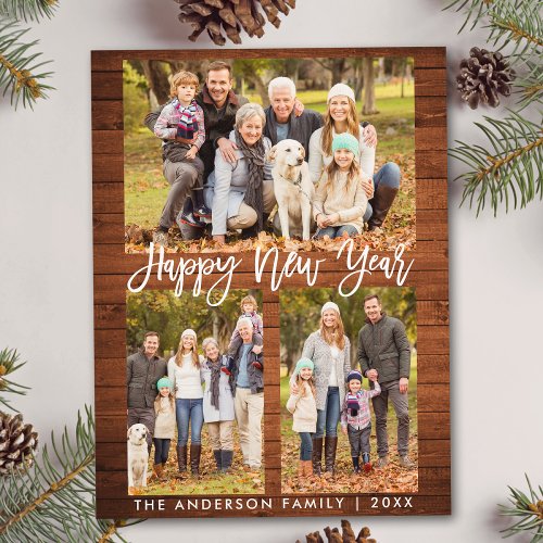 Rustic Wood Brush Script Family 3 Photo New Year Postcard
