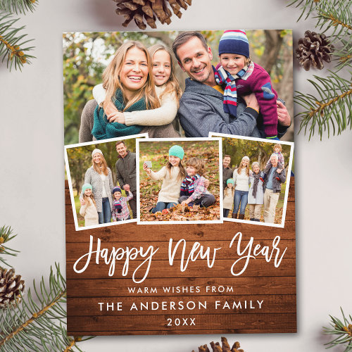 Rustic Wood Brush Script Happy New Year 4 Photo Postcard