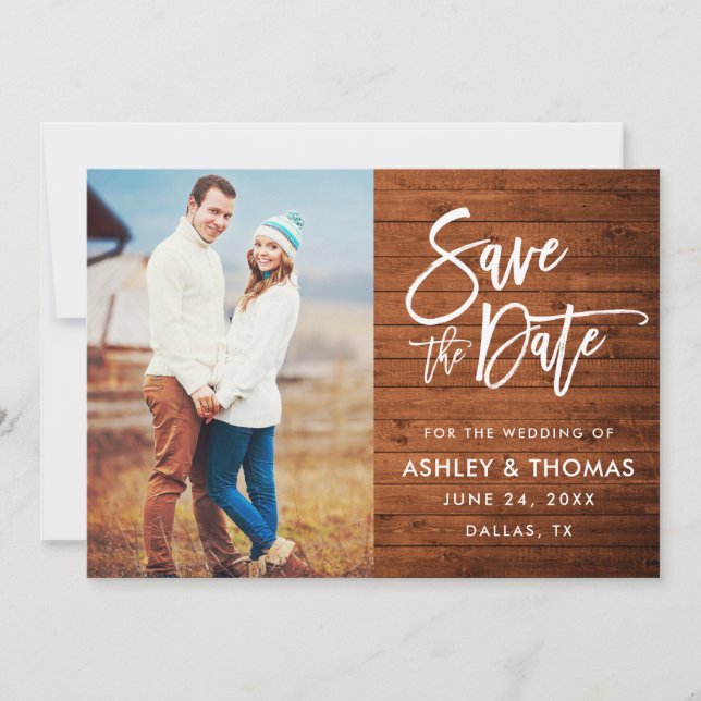 Rustic Wood Brush Script Photo Save The Date (Front)