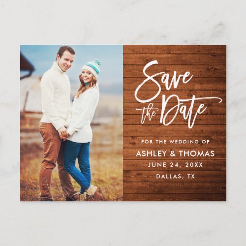 Rustic Wood Brush Script Photo Save The Date Postcard