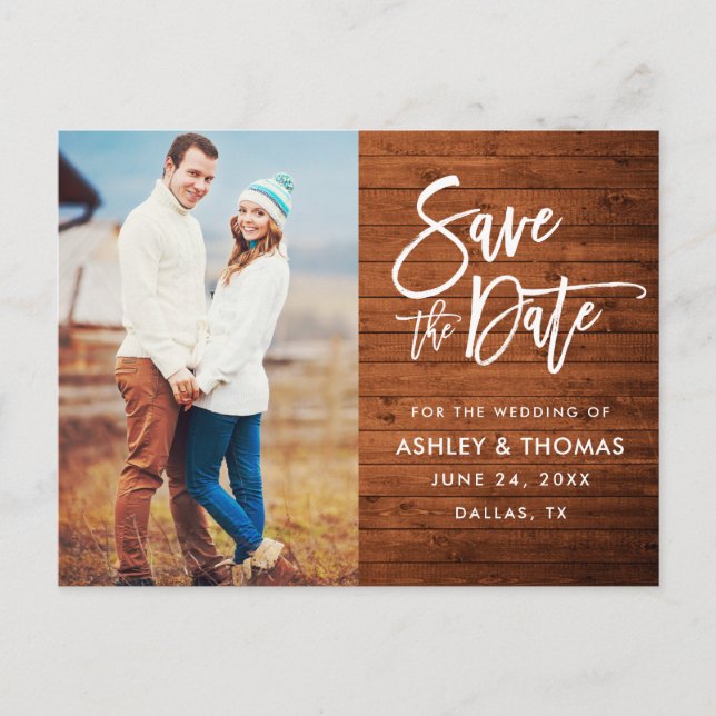 Rustic Wood Brush Script Photo Save The Date Postcard (Front)