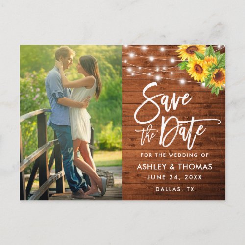 Rustic Wood Brush Script Sunflower Save The Date Postcard