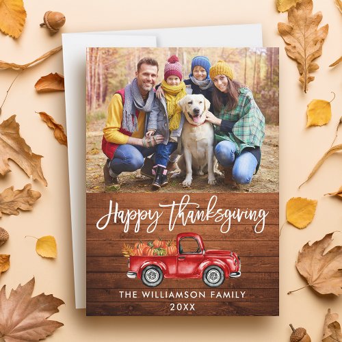 Rustic Wood Brush Script Thanksgiving Red Truck Holiday Card