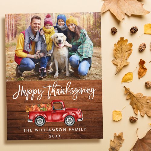 Rustic Wood Brush Script Thanksgiving Red Truck Postcard