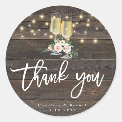 rustic wood bubbly wedding thank you sticker