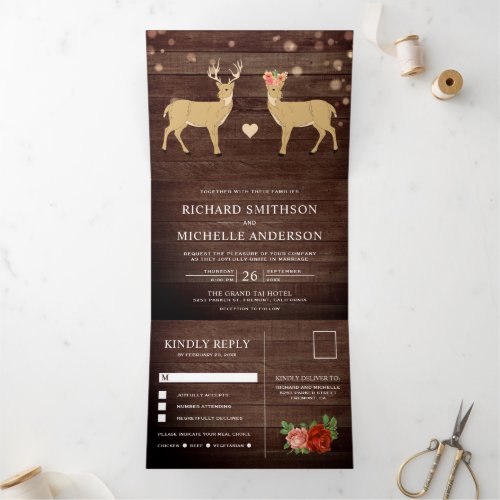 Rustic Wood Buck and Doe Romantic Deer Wedding Tri_Fold Invitation