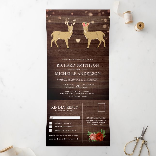 Rustic Wood Buck and Doe Romantic Deer Wedding Tri-Fold Invitation (Inside)