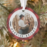 Rustic Wood Buffalo Check Couples First Christmas Ornament<br><div class="desc">This a perfect gift for a newly married couple. Mark the year of their wedding with this personalized photo holiday ornament. My Rustic Wood Buffalo Check Couples First Christmas Ornament can be customized with photo,  names and year.</div>