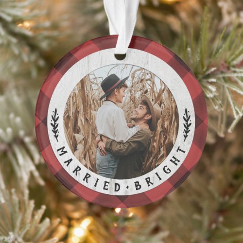 Rustic Wood Buffalo Check Couples First Christmas Ornament