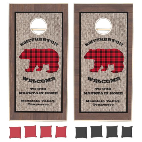 Rustic Wood Buffalo Plaid Burlap Bear Cornhole Set