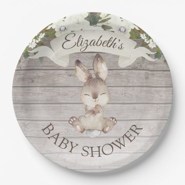 Rustic Wood Bunny Rabbit Custom Baby Shower Paper Plates (Front)