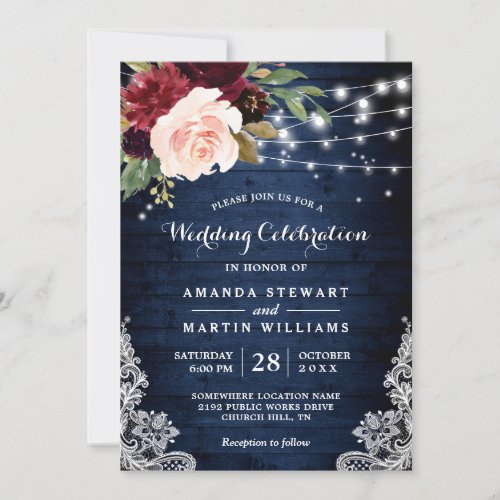 Rustic Wood Burgundy Blue Floral Lights Wedding Invitation - Create the perfect Country Wedding invite with this "Rustic Wood Burgundy Blue Floral Lights Wedding Celebration Invitation" template. This high-quality design is easy to customize to match your wedding colors, styles and theme. 
(1) For further customization, please click the "customize further" link and use our design tool to modify this template. 
(2) If you prefer thicker papers / Matte Finish, you may consider to choose the Matte Paper Type.