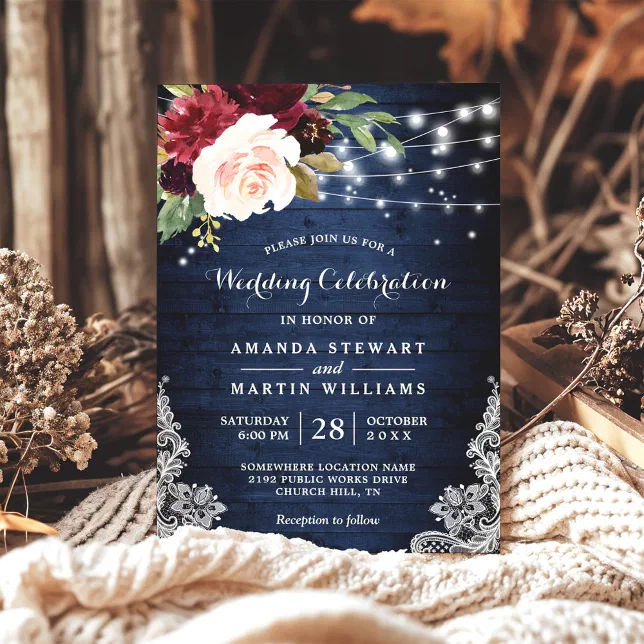 Rustic Wood Burgundy Blue Floral Lights Wedding Invitation | Zazzle