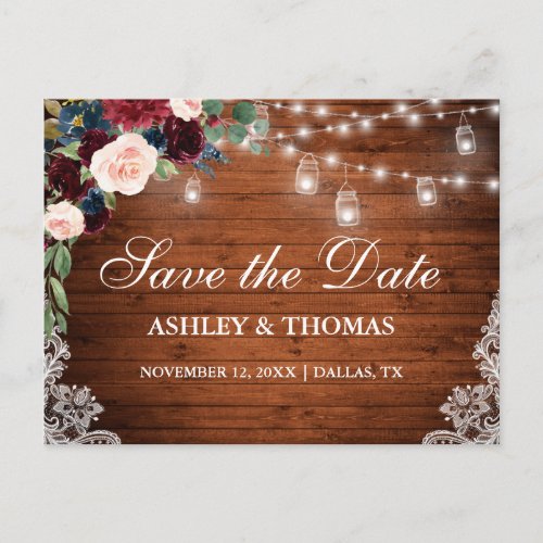 Rustic Wood Burgundy Blue Floral Save The Date Announcement Postcard