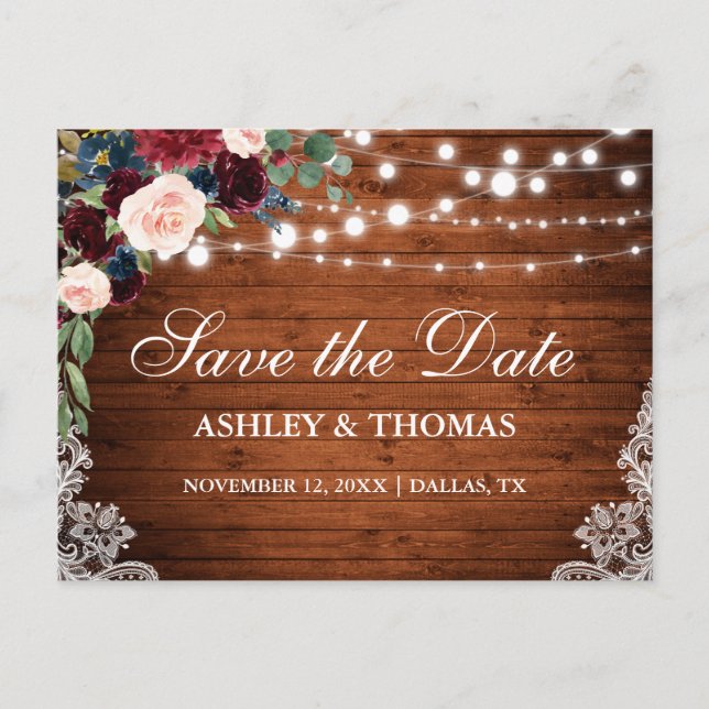 Rustic Wood Burgundy Blue Floral Save the Date Announcement Postcard (Front)