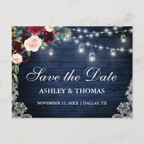 Rustic Wood Burgundy Blue Floral Save the Date Announcement Postcard