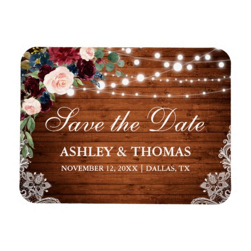 Rustic Wood Burgundy Blue Floral Save the Date Magnet