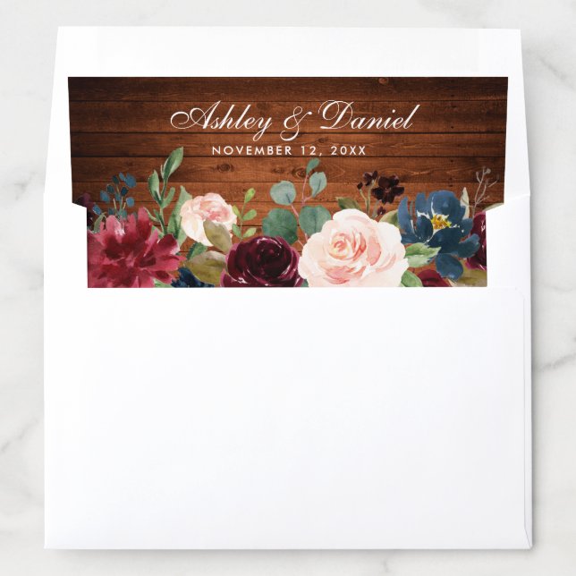 Rustic Wood Burgundy Blue Floral Wedding Envelope Liner (In Envelope)